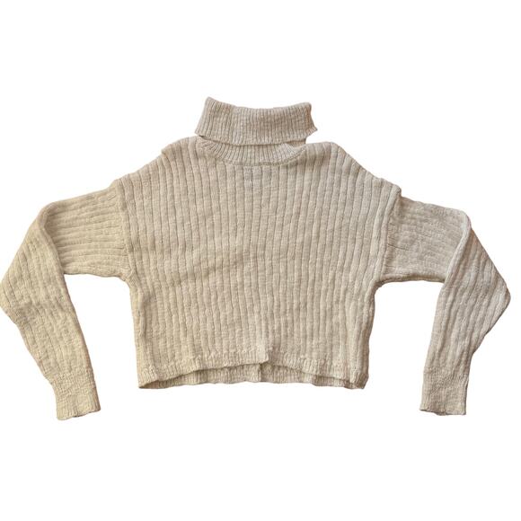 White Chunky Knit Long Sleeve Crop Turtleneck Sweater Size M Y2K 90's Cabincore - Picture 1 of 7